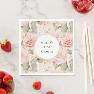 Cream Blush Pink Roses Floral Bridal Shower Napkin