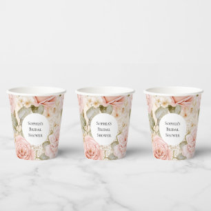 Cream Blush Pink Roses Floral Bridal Shower Paper Cups