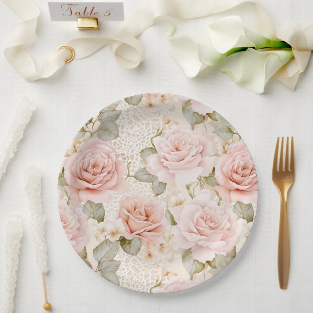 Cream Blush Pink Roses Floral Bridal Shower Paper Plate (Wedding)