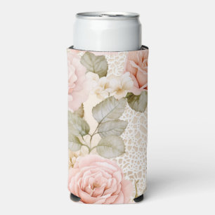 Cream Blush Pink Roses Floral Bridal Shower Seltzer Can Cooler