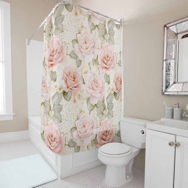 Cream Blush Pink Roses Floral Bridal Shower Shower Curtain (In Situ)