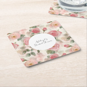 Cream Blush Pink Roses Floral Bridal Shower Square Paper Coaster