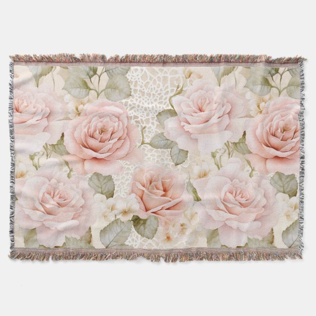Cream Blush Pink Roses Floral Bridal Shower Throw Blanket (Front)