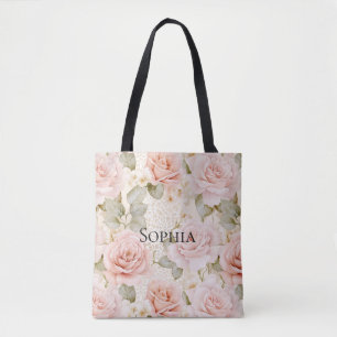 Cream Blush Pink Roses Floral Bridal Shower Tote Bag