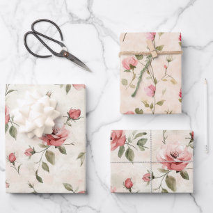 Cream Blush Pink Roses Floral Bridal Shower Wrapping Paper Sheet