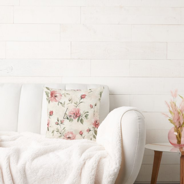 Cream Blush Pink Roses Floral Cushion (Couch)