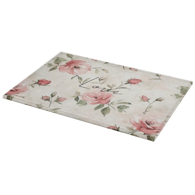 Cream Blush Pink Roses Floral Cutting Board (Corner)