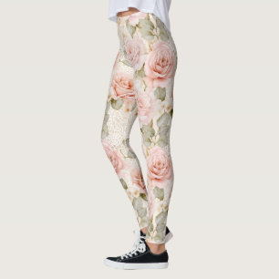 Cream Blush Pink Roses Floral Leggings