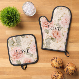 Cream Blush Pink Roses Floral Oven Mitt & Pot Holder Set