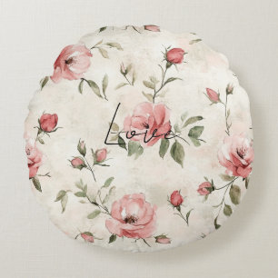 Cream Blush Pink Roses Floral Round Cushion