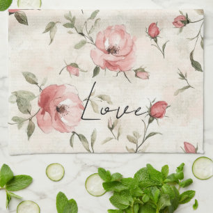 Cream Blush Pink Roses Floral Tea Towel
