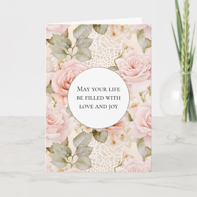 Cream Blush Pink Roses Floral Wedding Card (Front)