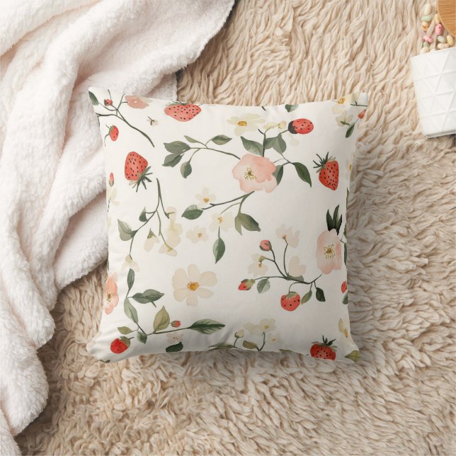 Cream Blush Strawberries Cushion (Blanket)