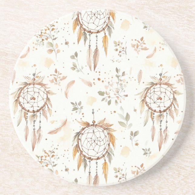 Cream Boho Feathers Dream Catchers Coaster (Front)