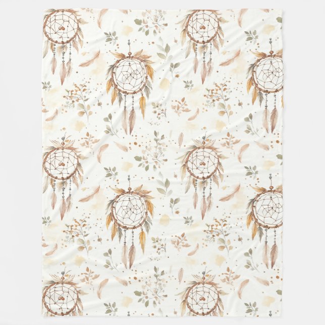Cream Boho Feathers Dream Catchers Fleece Blanket (Front)