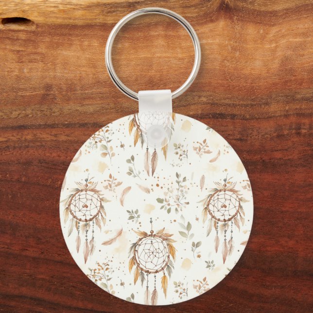 Cream Boho Feathers Dream Catchers Key Ring (Front)