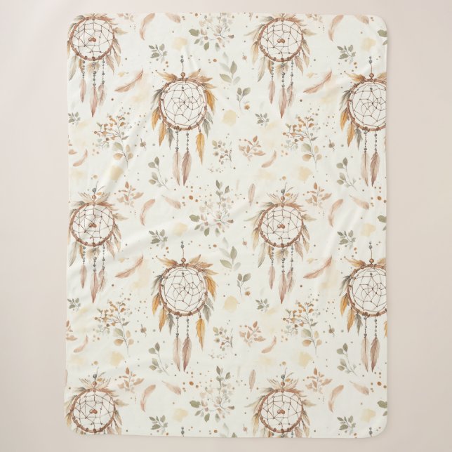 Cream Boho Feathers Dream Catchers Sherpa Blanket (Front)