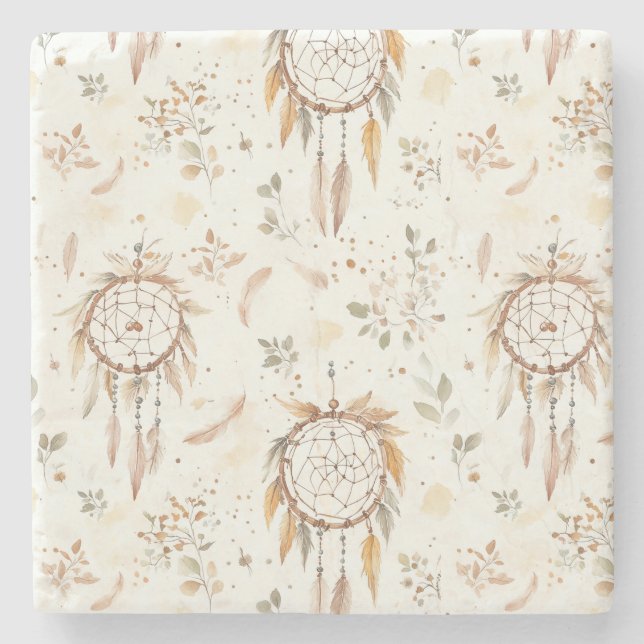 Cream Boho Feathers Dream Catchers Stone Coaster (Front)