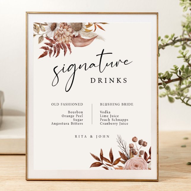 Cream Boho Floral Bar Signature Drinks Wedding  Poster (Creator Uploaded)