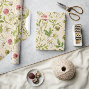 Cream Boho Meadow with Daisies and Clover Wrapping Paper