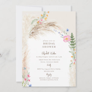 Cream Boho Pampas Wildflower Bridal Shower Invitation