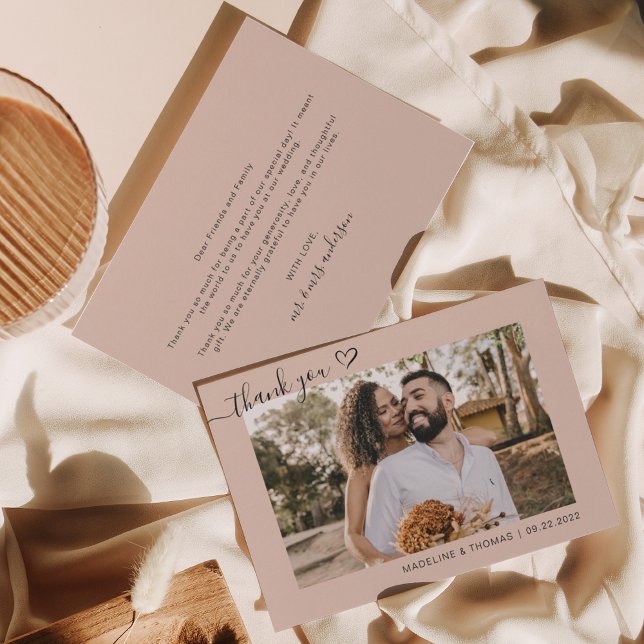 Cream Boho Simple Photo Heart Script Wedding Thank You Card (Creator Uploaded)