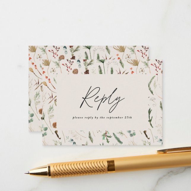 Cream botanical minimal chic elegant wedding reply enclosure card (Front/Back In Situ)