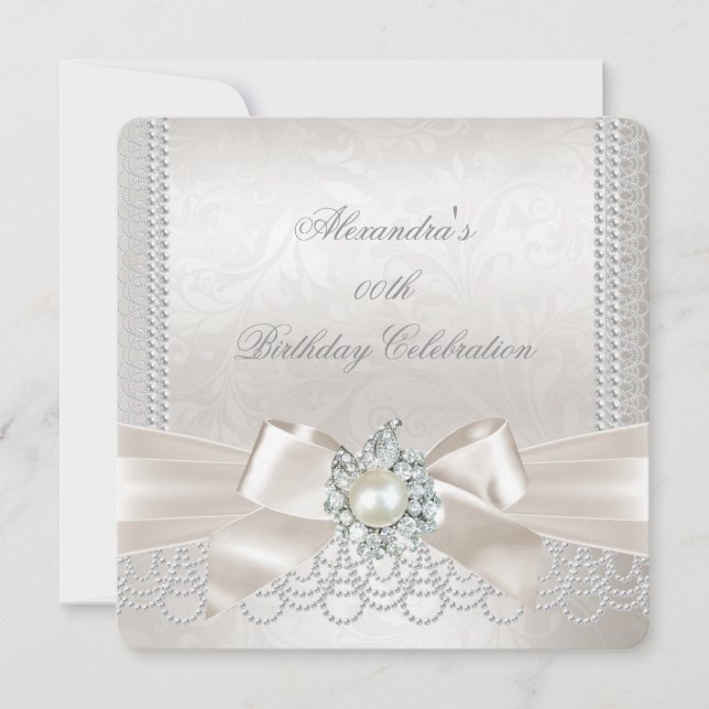 Cream Bow Pearl Damask Diamond Birthday Party Invitation (Front)