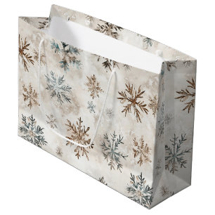 Cream Bronze Blue Snowflakes Christmas Large Gift Bag