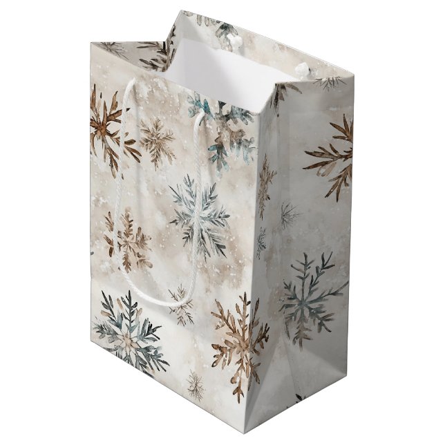 Cream Bronze Blue Snowflakes Christmas Medium Gift Bag (Front Angled)
