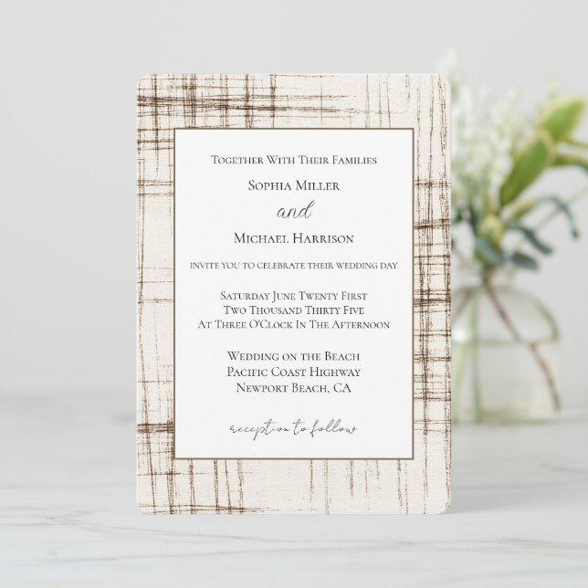 Cream Brown Abstract Stripes Wedding Invitation (Standing Front)