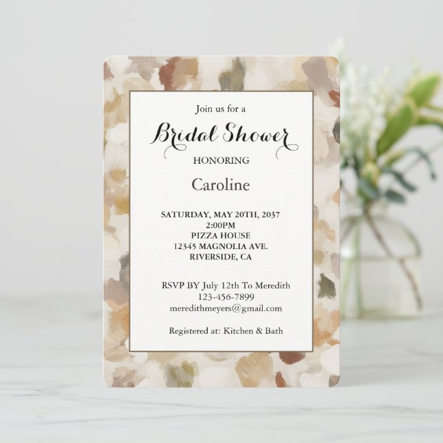 Cream Brown Abstract Tan Bridal Shower Invitation (Standing Front)