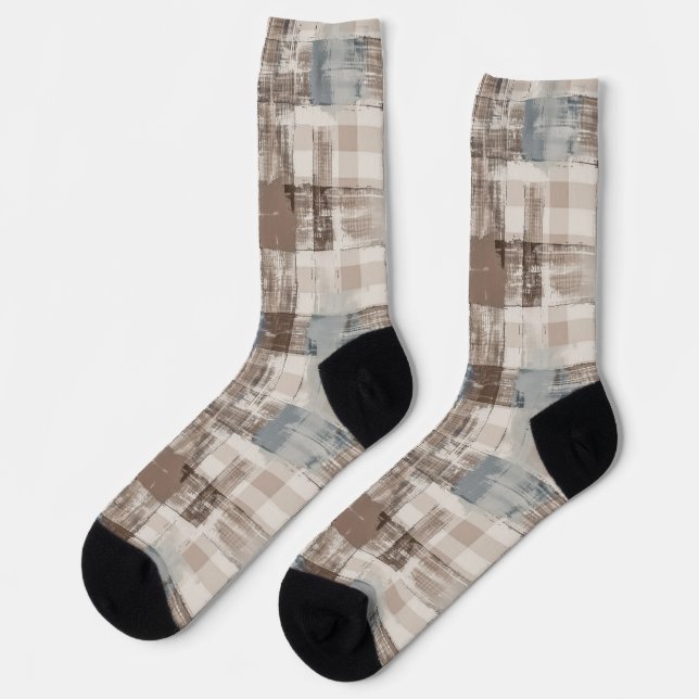 Cream Brown Blue Abstract Squares Socks (Left)