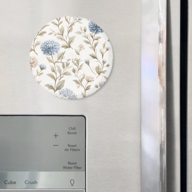 Cream Brown Blue Flowers Love Magnet (In Situ (Fridge))