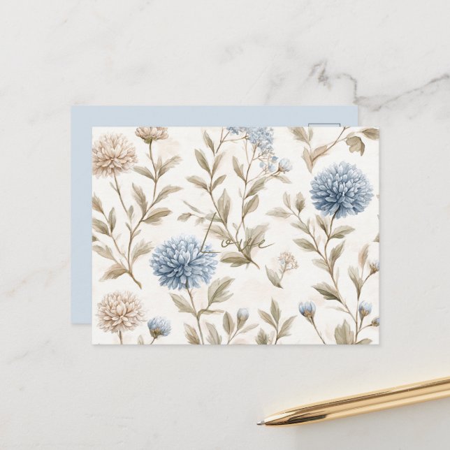 Cream Brown Blue Flowers Love Postcard (Front/Back In Situ)