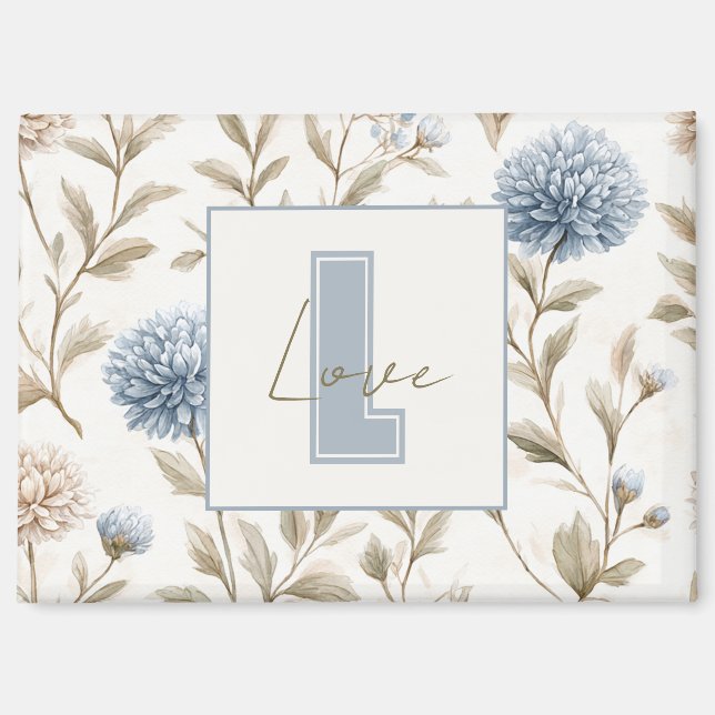 Cream Brown Blue Flowers Monogram Initial Love Magnet (Front)