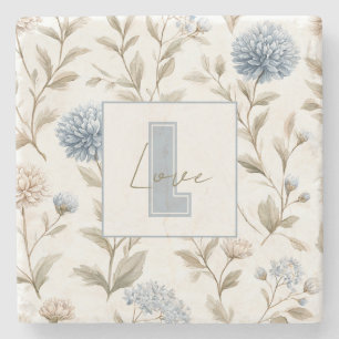 Cream Brown Blue Flowers Monogram Initial Love Stone Coaster