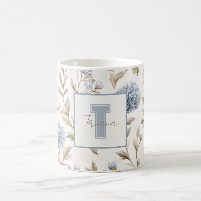 Cream Brown Blue Flowers Monogram Initial Name Coffee Mug (Center)