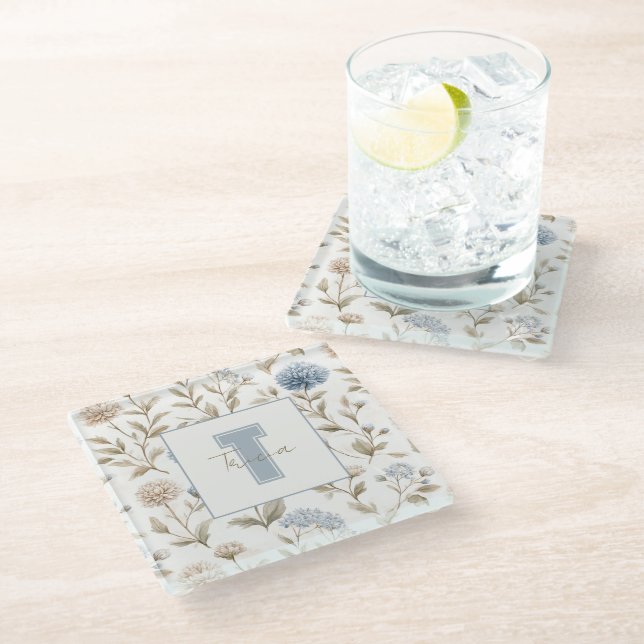 Cream Brown Blue Flowers Monogram Initial Name Glass Coaster (Angled)