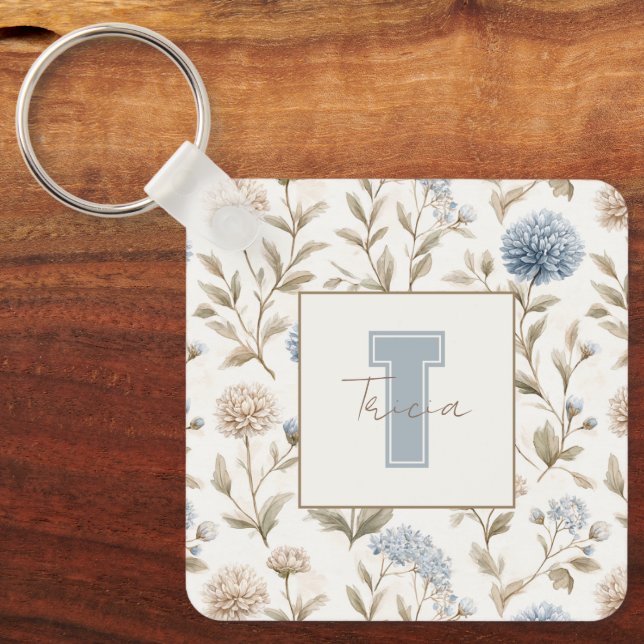 Cream Brown Blue Flowers Monogram Initial Name Key Ring (Front)