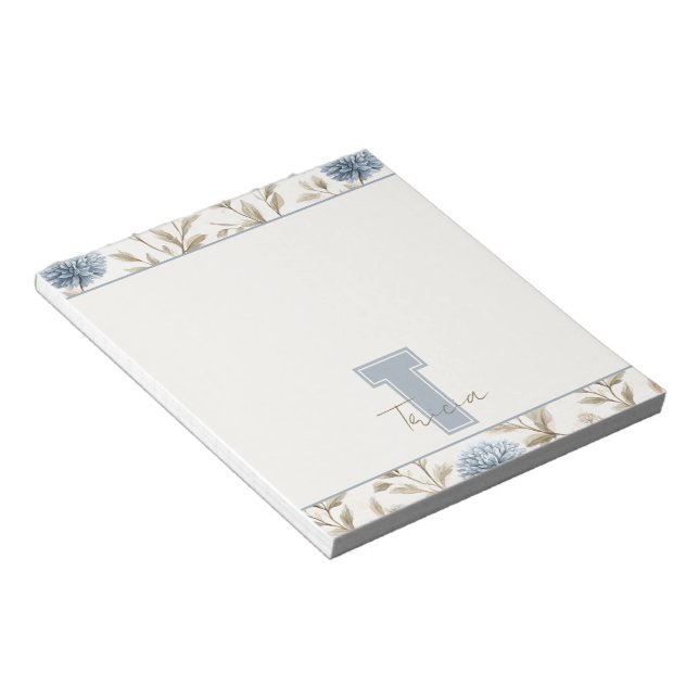 Cream Brown Blue Flowers Monogram Initial Name Notepad (Angled)