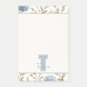 Cream Brown Blue Flowers Monogram Initial Name Post-it Notes