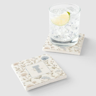 Cream Brown Blue Flowers Monogram Initial Name Stone Coaster
