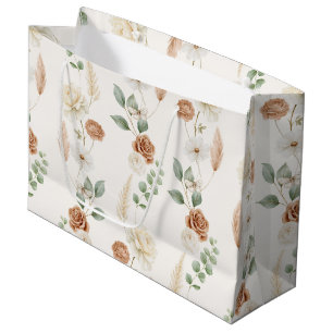 Cream Brown Bohemian Flowers Bridal Shower Large Gift Bag