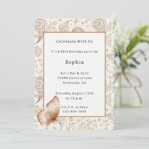 Cream Brown Boho Bohemian Butterfly Birthday Invitation
