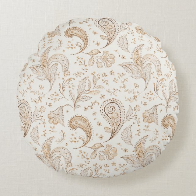 Cream Brown Boho Bohemian Round Cushion (Front)