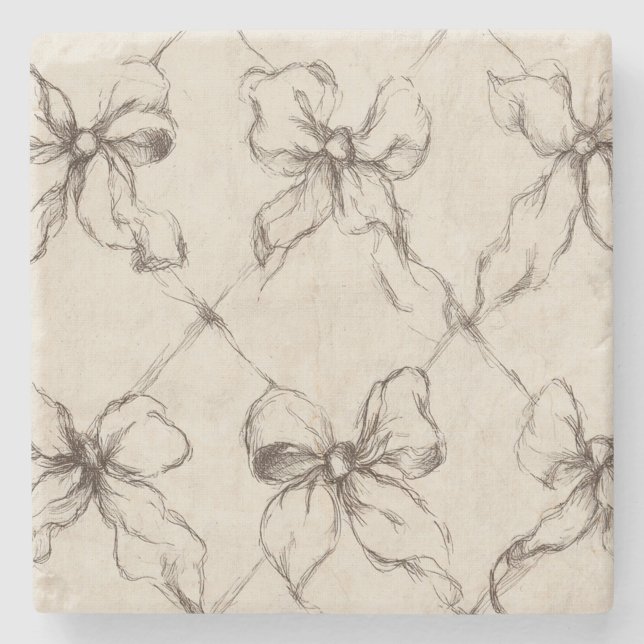 Cream Brown Bows  Stone Coaster (Front)