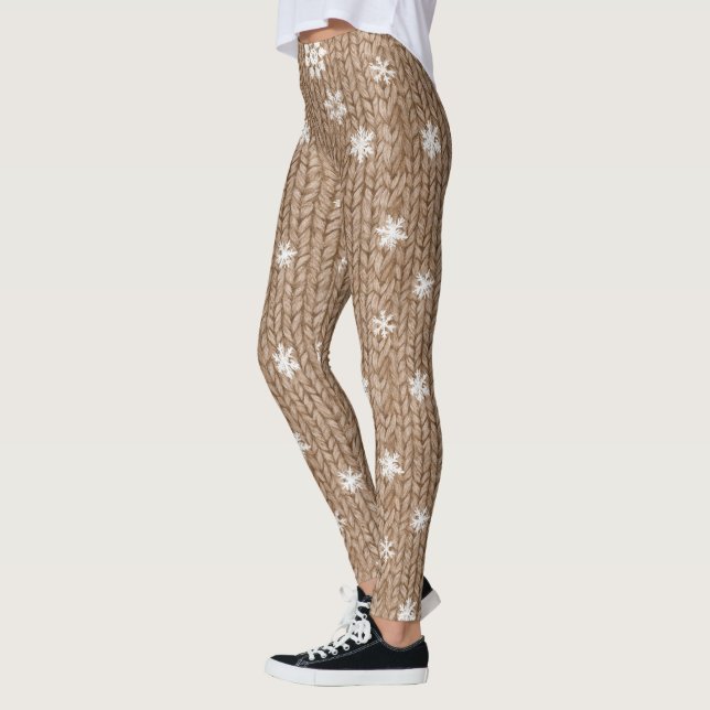 Cream Brown Christmas Snowflakes Leggings (Left)