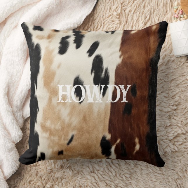 Cream Brown Cowhide Howdy  Cushion (Blanket)