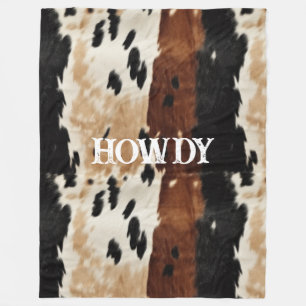 Cream Brown Cowhide Howdy  Fleece Blanket